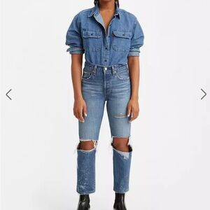 Levi's 501 original cropped Dark Blue Distressed Slim Straight Jeans